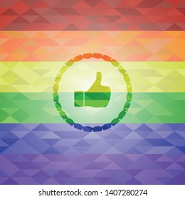 like icon on mosaic background with the colors of the LGBT flag