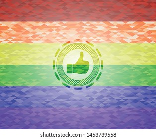 like icon on mosaic background with the colors of the LGBT flag