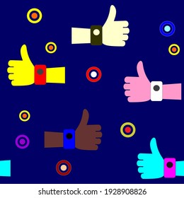 Like icon seamless pattern background. Business flat vector illustration. Thumb up sign symbol pattern. Isolated on blue.EPS 10.