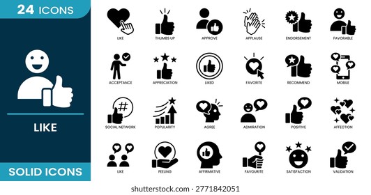 Like icon set. Approval, reaction, favorable, thumbs up, admiration, validation, social network, appreciation, feedback, like, satisfaction, popularity, agree, endorsement, applause, favorite, rating, acceptance, positive, recommend, feeling, affirmative. Solid vector icons collection.