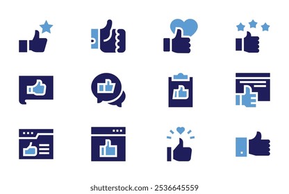 Like icon set. Bold style. Duotone colors. like, thumb up, super, thumbs up, rating, chat, clipboard, browser.