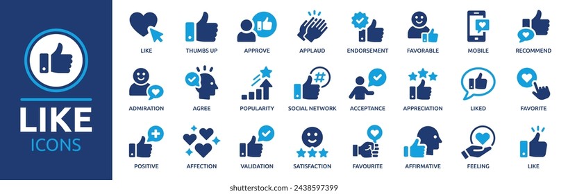 Like icon set. Containing thumbs up, favorite, liked, favorable, positive, appreciation, affirmative, validation and more. Solid vector icons collection.