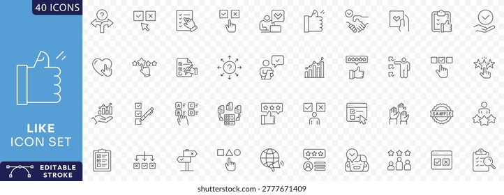 Like icon set. Like icon set containing thumbs up, favorite, liked,  appreciation, affirmative, validation Etc. Fully Editable. Vector illustration.
