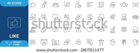 Like icon set. Like icon set containing thumbs up, favorite, liked,  appreciation, affirmative, validation and more. Outline Icon. Vector illustration. Editable stroke
