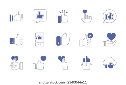 Like icon set. Duotone style line stroke and bold. Vector illustration. Containing thumbs up, like, rating, love, feedback, cloud computing.