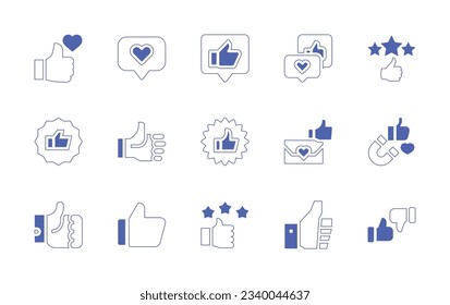 Like icon set. Duotone style line stroke and bold. Vector illustration. Containing like, feedback, sticker, love message, magnet, thumb up, rating, thumbs up, reaction.