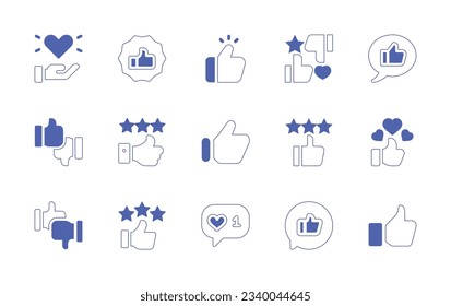 Like icon set. Duotone style line stroke and bold. Vector illustration. Containing heart, recommended, thumbs up, marketing, speech bubble, like, feedback, rate, thumb up.