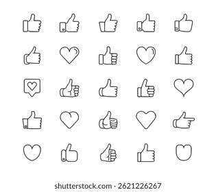 Icoon instellen Bewerkbare lijn. Bevat pictogrammen zoals feedback, duimen omhoog, Vind ik leuk, Knop, Genieten, Hartvorm