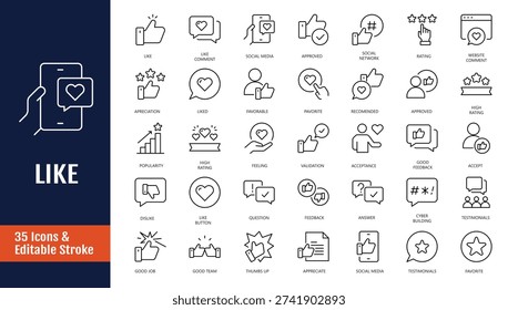Like icon set. Icons related to thumbs up, favorite, liked, appreciation, affirmative, validation and more. Outline icon with Editable stroke. Vector illustration