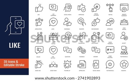 Like icon set. Icons related to thumbs up, favorite, liked, appreciation, affirmative, validation and more. Outline icon with Editable stroke. Vector illustration