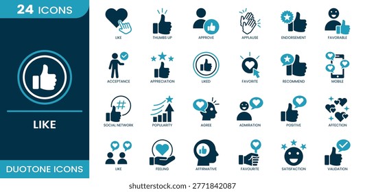 Like icon set. Reaction, appreciation, favorable, thumbs up, validation, popularity, feedback, endorsement, satisfaction, approval, like, admiration, social network, agree, acceptance, rating, favorite, applause, recommend, feeling, affirmative, positive. Duotone vector icons collection.