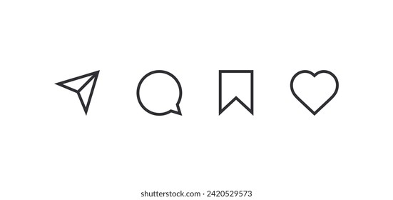 Like icon. Speech bubble pictogram. Send icon. Bookmark sign. Social network icons. Application icon. Heart sign. Messenger app icon. Send message. Ui elements. Communication symbols. Paper airplane