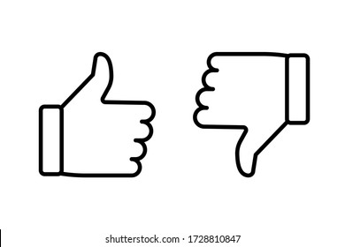 Like Icon Thumb Up And Dislike Thumb Down. Vector Illustration Of A Hand Showing Yes Or No. Contours Of Hands On A White Background. Stock Photo.