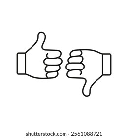 Like icon thumb up and dislike thumb down. Vector illustration of a hand showing yes or no. Contours of hands on a white background.