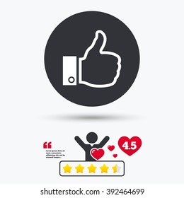 Like icon. Thumb up sign. Hand finger up symbol. Star vote ranking. Client or customer vote. Vector
