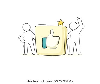 Like icon with thumb up symbol. Doodle people standing with square button with sign of good, positive reaction, vector hand drawn illustration