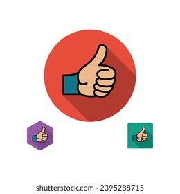 Like icon. Thumb up symbol. Set icons in flat style with long shadows. Three types of icons: circle, square, hexagon. Vector illustration