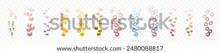 Like icons flying up for live streams or stories. Social media reactions. Smile, flower, fire, poop. Funny faces. Emoticons. Emoji set. Vector illustration eps10. UI interface chat icons. Flat style.