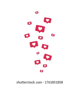 Like icons flying on white background. Social media elements. Counter notification border. Comment and follower symbol. Social network composition. Emoji reactions. Vector illustration.