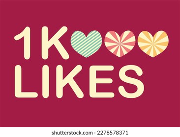 Like Icons with hearts on dark pink background. Thank you for 1k likes vector illustration. Thank you for one thousand likes banner