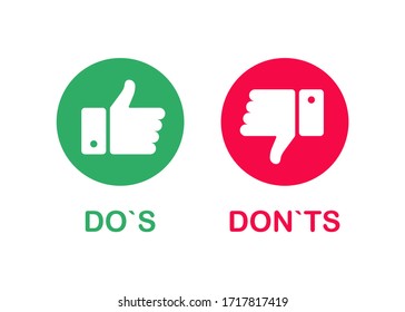 Like icons on white background. Do`s and Don`ts. Red and green. Thumbs up and thumbs down. Vector illustration