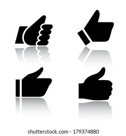 Like, icons with reflection, set 1. Vector illustrations, set black silhouettes isolated on white background