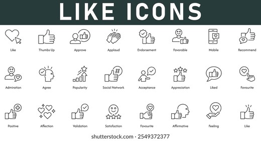 Al igual que los iconos de Ilustración vectorial con trazo editable de línea delgada contienen pulgares para arriba aprobar aplaudir aprobación aprobación recomendar sentir validación favorita afecto admiración positiva de acuerdo social