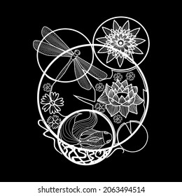 like a illustrations of dragonflies, flower and fish.
This art can be used for backgrounds, book covers or more