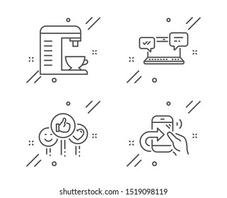 Like, Internet chat and Coffee machine line icons set. Share call sign. Social media likes, Online communication, Cappuccino machine. Phone support. Technology set. Line like outline icon. Vector