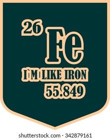 I am like iron text on shield sticker. Image relative for gym and bodybuilding. Remastered iron chemical element tag. Chemistry in metaphor design. Speech bubble design.