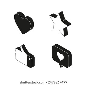 Like isometric vector icons set. Heart, star, hand and message bubble in black color. Feedback or approval symbols in 3D