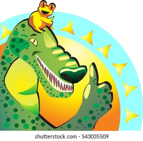 Like. Joyful happy frog and crocodile show thumbs up. They approve vacation
on the sea sunny resort.