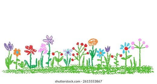 Like kids hand drawn crayon colorful funny flowers, green grass scene. Cute spring and summer cartoon meadow, field, lawn, nature outdoor. Vector doodle pastel chalk or pencil bright background banner