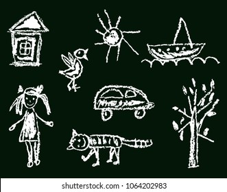 Like kid`s hand drawn girl house bird cat sun car tree ship. White element on black board background. Childlike funny doodle vector design. Child`s drawn chalk or crayon character set on chalkboard.