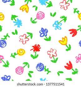 Like kid`s hand drawn wax crayon seamless floral simple pattern with small bright multicolor cute flowers. Pastel chalk or pencil artistic doodle stroke vector background. Summer or spring ornament.