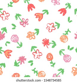 Like kid`s hand drawn wax crayon seamless floral simple pattern with small red pink cute flowers. Pastel chalk or pencil artistic doodle soft color stroke vector background. Summer or spring ornament