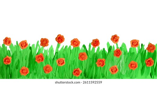 Like kids hand painting acrylic, oil, gouache blooming orange flower lawn. Summer meadow grass plant. Doodle artistic background, banner, border, brush stroke impasto vector texture thick painting