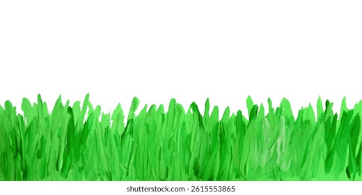 Like kids hand painting acrylic, oil, gouache lawn. Summer meadow grass plant. Doodle artistic background, banner, border, brush stroke impasto vector texture thick painting