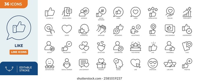 Like line editable icon set. Like icon set containing thumbs up, favorite, liked, appreciation, affirmative, validation and more. Vector illustration