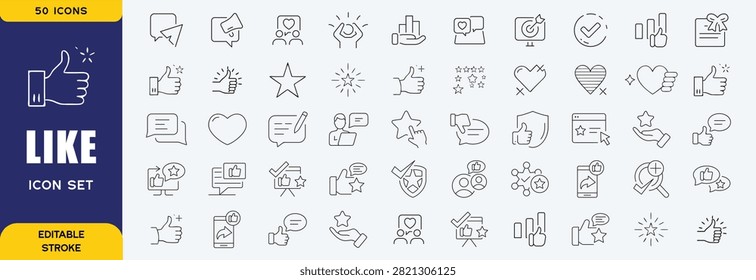 Like line editable icon set. Like icon set containing thumbs up, favorite, liked, appreciation, affirmative, validation and more. Vector illustration. Editable stroke