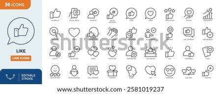 Like line editable icon set. Like icon set containing thumbs up, favorite, liked, appreciation, affirmative, validation and more. Vector illustration