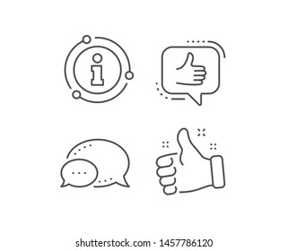 Like line icon. Chat bubble, info sign elements. Thumbs up sign. Positive feedback, social media symbol. Linear like outline icon. Information bubble. Vector