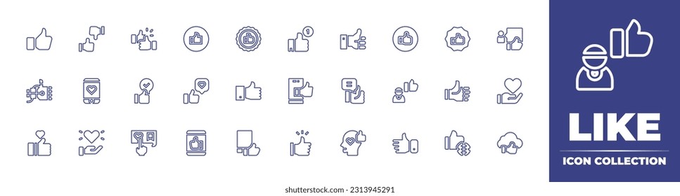 Like line icon collection. Editable stroke. Vector illustration. Containing thumbs up, hand gesture, like, recommended, robotic hand, mobile, love, heart, cloud computing.