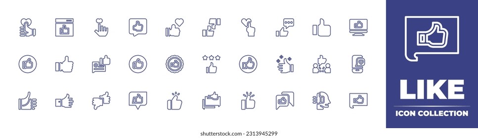 Como colección de iconos de línea. Trazo editable. Ilustración vectorial. Contiene medios sociales, navegador, como, amor, comentarios, buena reacción, pulgares hacia arriba, insignia, calificación, pulgar hacia arriba, sugerir, discusión.