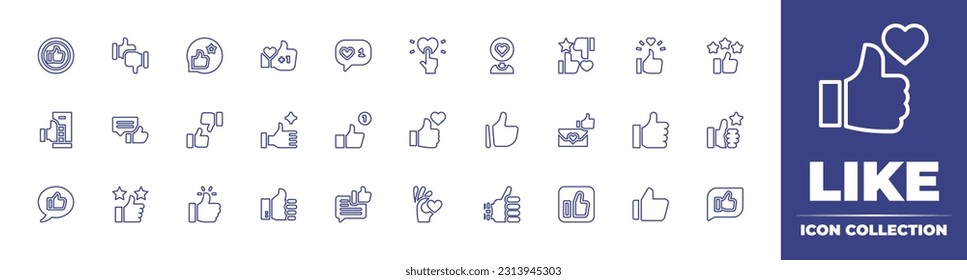 Like line icon collection. Editable stroke. Vector illustration. Containing approved, like, customer feedback, thumb up, reaction, follower, marketing, rating, smartphone, disagreement, thumbs up.