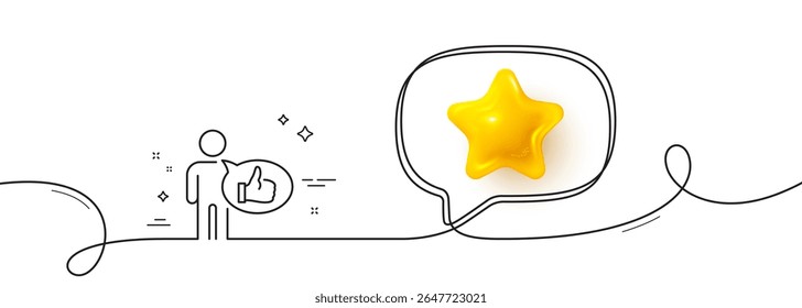 Like line icon. Continuous line with 3d star. Thumbs up sign. Positive feedback, social media symbol. 3d star in speech bubble. Like single line ribbon. Loop curve pattern. Vector
