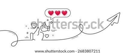 Like line icon. Continuous line with share plane. Thumbs up with heart sign. Positive feedback, social media symbol. Hearts rate review in speech bubble. Like single line ribbon. Vector