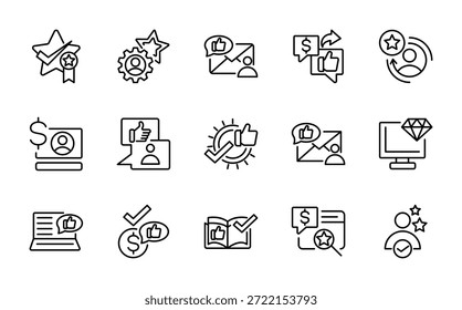 Como conjunto de iconos de línea. Agradecer, valorar, Comentarios, valoración, votar, bueno, mejor, comentar, contenido, opinión del usuario, marca personal