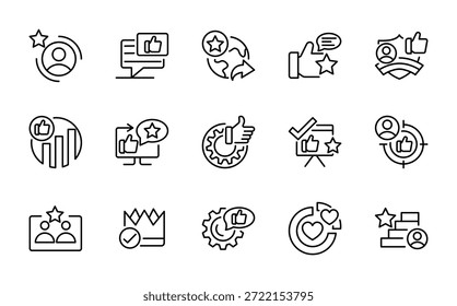 Como conjunto de iconos de línea. Agradecer, valorar, Comentarios, valoración, votar, bueno, mejor, comentar, contenido, opinión del usuario, marca personal