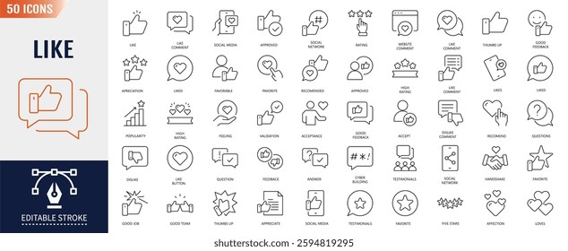 Like line icon set. Editable stroke. Containing as thumbs up, favorite, liked, appreciation, affirmative, validation, and more. Vector illustration